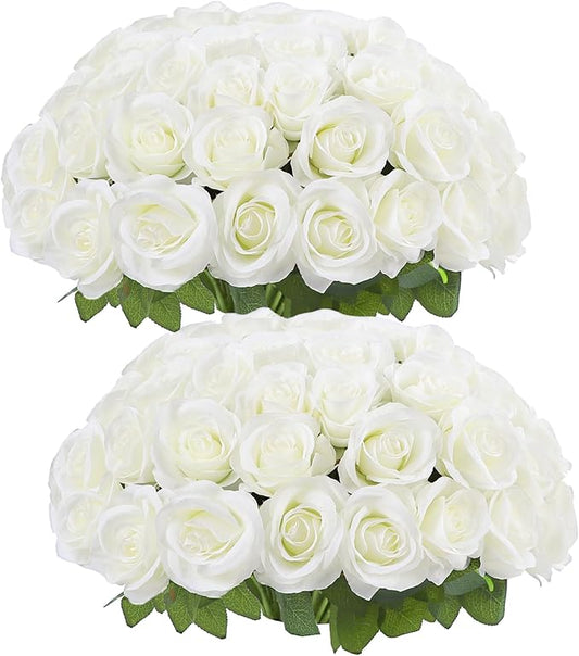 50pcs Roses Artificial Flowers Ivory Silk Roses with Long Stems Fake Flowers for Wedding Bouquet Centerpices Decorations Party Bridal Baby Shower Home Decor