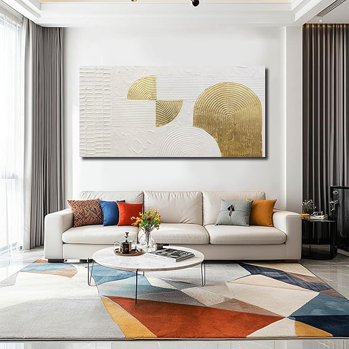 VAYIMDH Large Canvas Wall Art for Living Room Gold Wall Decor White Paintings Abstract Pictures Hand Drawn Arts for Office Hotel 29"x58"