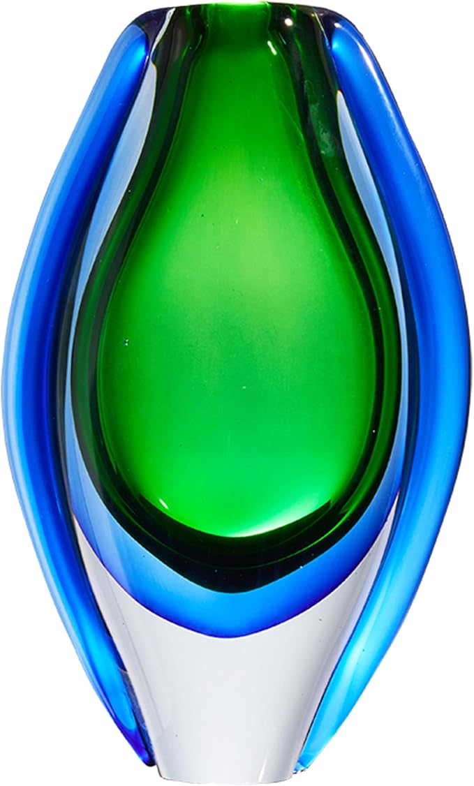 Luxury Lane Hand Blown Sommerso Oval Art Glass Vase for Decor 10 inch Tall Centerpiece Table Decoration Emerald Green