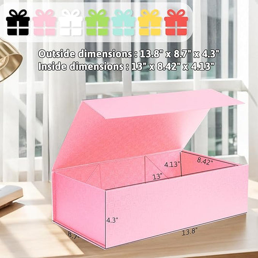 VGOODALL Pink Gift Box with Lid 14x8.7x4.3inches Magnetic Gift Box with Ribbon Greeting Card for Presents Birthdays Graduation Weddings