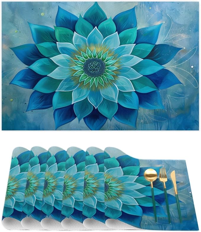 Teal Flower Mandala Placemats Set of 1 PVC Vinyl Non Slip Table Mats Waterproof Heat Resistant Place Mats Washable Wipeable Dining Table Mat for Kitchen Party Indoor Outdoor Decorative