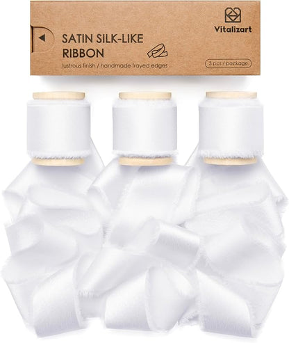 Vitalizart Silk Satin Ribbon 1 inch x 15 Yard Off White Handmade Frayed Ribbons for Gift Wrapping Baby Shower Wedding Bridal Bouquets Holiday Decor