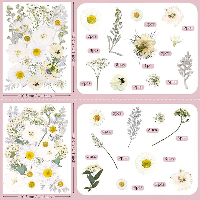 95 Pcs White Pressed Dried Flowers for Resin, Real Natural Bulk Dry Wildflowers Leaves Perfect for Epoxy Molds, DIY Crafts, Home Decor, Soap Candles Jewelry Making