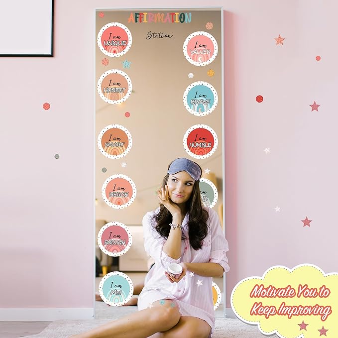 Colorful Inspirational Quote Mirror Decals Positive Affirmation Sticker for Mirror Peel and Stick Kids Nursery Wall Decal for Boys Girls Bedroom I Am Motivational Vinyl Stickers for Bathroom Classroom