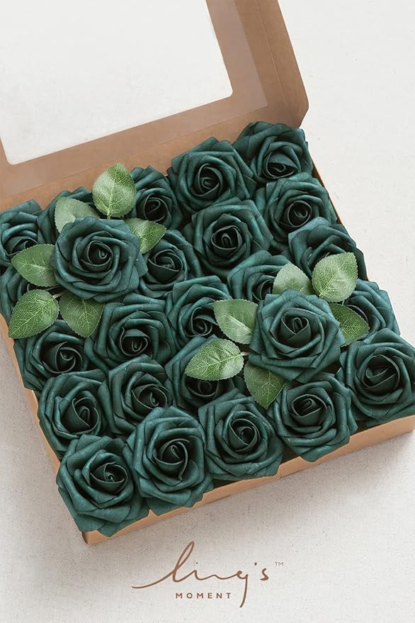 Ling’s Moment Artificial Flowers 25Pcs Peacock Green Roses Decor w/Stems,3" Real Touch DIY Foam Floral for Wedding Bouquet/Centerpieces, Outdoors Party Backdrop, Room/Table, and Garden/Pot Decorations