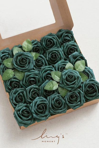 Ling’s Moment Artificial Flowers 25Pcs Peacock Green Roses Decor w/Stems,3" Real Touch DIY Foam Floral for Wedding Bouquet/Centerpieces, Outdoors Party Backdrop, Room/Table, and Garden/Pot Decorations