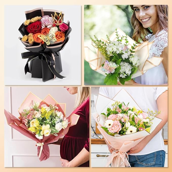 Bouquet Wrapping Paper Kits, 60Sheets Waterproof Flower Wrapping Paper, Floral Wrapping Paper Bouquet in Black Pink Beige With Ribbons, Flower Pins, 3D Butterflies & Crowns for Florist Wrap (HUA-H1)