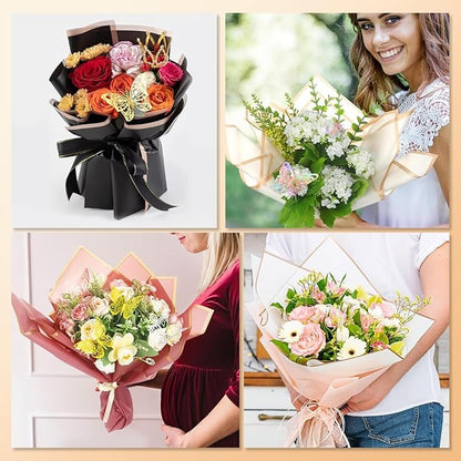 Bouquet Wrapping Paper Kits, 60Sheets Waterproof Flower Wrapping Paper, Floral Wrapping Paper Bouquet in Black Pink Beige With Ribbons, Flower Pins, 3D Butterflies & Crowns for Florist Wrap (HUA-H1)