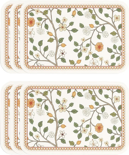ISAENNE White PVC Placemats Set of 6,Rectangular Floral Placemats,Waterproof and Heat-Resistant Orange Flower Pattern,Decoration for Kitchen,Dinning,Parties, Holiday,12"*17"