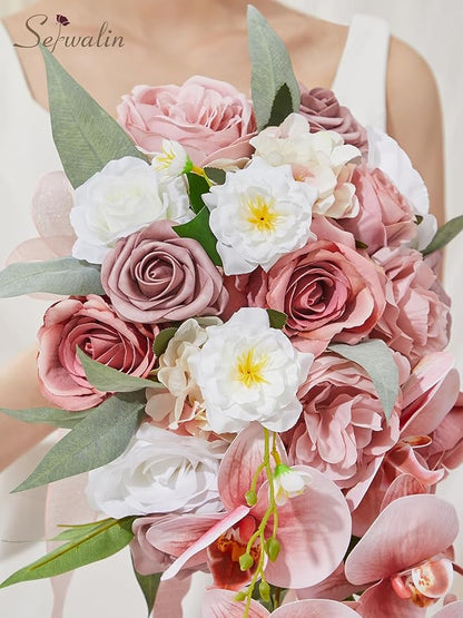 Serwalin 11Inch Wedding Bouquet Dusty Rose Cream Bridal Bouquets for Bride Bride Bouquets for Wedding Ceremony and Anniversary Day Decor