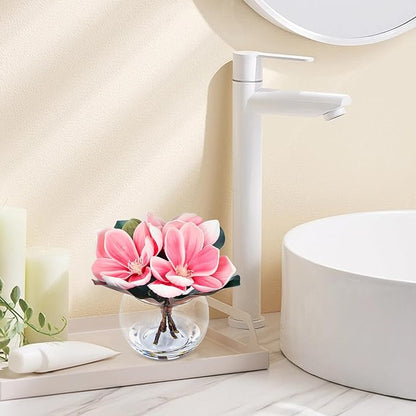 Artificial Magnolia Flower in Glass Vase, Fake Flowers with Faux Water for Realistic Look, Small Potted Plant for Home Desk, Bathroom, Office Shelf Table Centerpiece Decor(Pink)