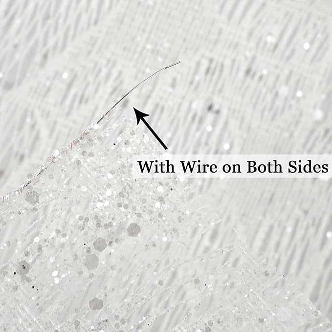 MEEDEE 6 Inch Wide Wired Ribbon White Glitter Mesh Web Wired Edge Ribbon by 10 Yards Roll White Mesh Wired Ribbons for Christmas Tree, Garland, Holiday Crafts, Bows, Centerpiece, Gift Wrapping