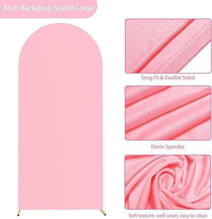 Putros 6ft Metal Arch Stand with Cover Pink Spandex Fitted Wedding Arch Cover and Round Top Chiara Backdrop Stand Set for Birthday Party Baby Shower Decoration