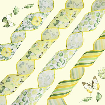 4 Rolls Floral Wired Edge Ribbon – Spring Summer Yellow Grosgrain with Butterfly, Lemon & Flower Motifs for Gift Wrapping, Wedding Decor, DIY Crafts (2.5 Inch, 5 Yards Each), Mother's Day Gift