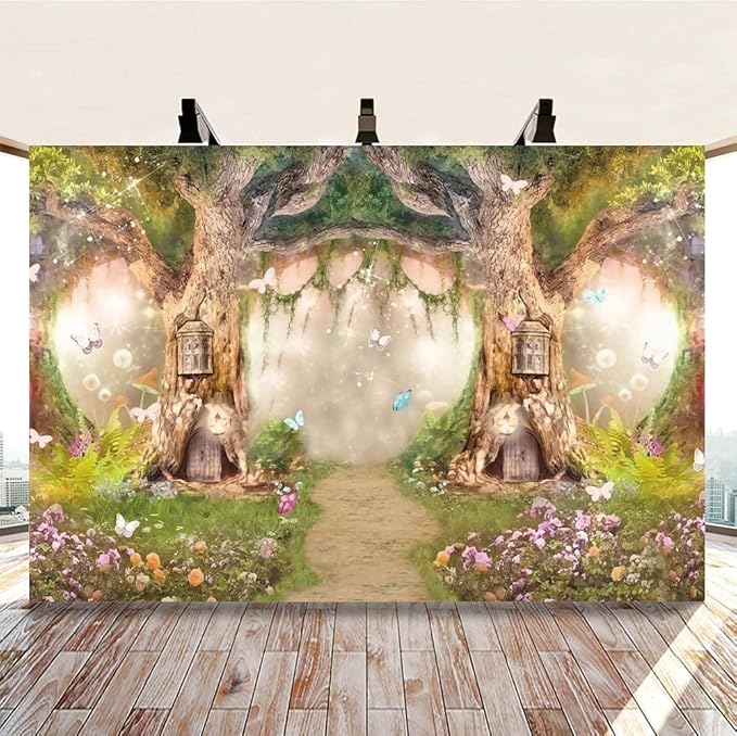 Leowefowa 8x6ft Jungle Forest Backdrops Fairytale Spring Enchanted Forest Dreamland Flowers Butterflies Photography Background for Baby Shower Kids Jungle Safari Birthday Party Photoshoot Studio Props