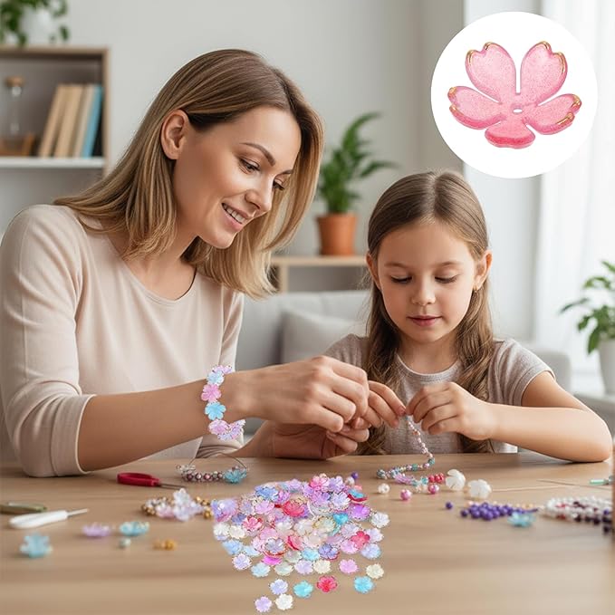 Xindojuz 100 PCS Flower Beads for Jewelry Making, Colorful Cherry Blossom Beads Gold-Plated Mini Acrylic Spacer Bead 5-Petal Floral Charms for Necklaces Bracelets Earring Keychains (Mixcolors)