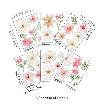 YouRfocus Daisy Watercolor Wall Decals | 34 PCS Boho Flower Stickers for Girls' Rooms, Playrooms, and Nurseries | Dual Layer Print for High Coverage | Removable Peel and Stick Wall Decor | 6 Sheets