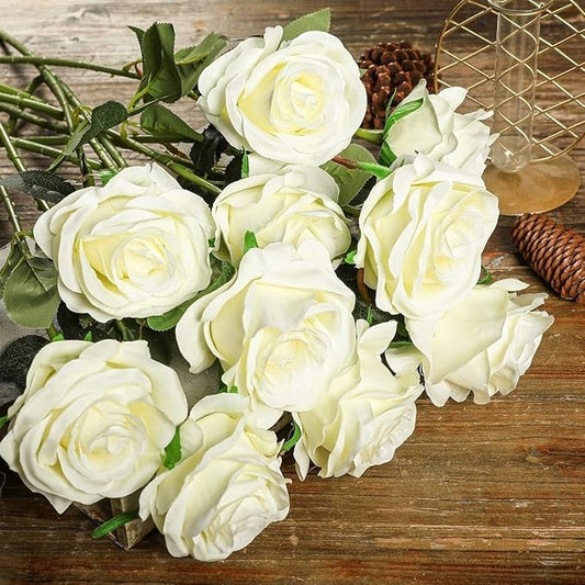 Kisflower 12Pcs White Roses Artificial Flowers, Realistic Single Stem Flowers Silk Rose Bouquet for Wedding Party Office Home Decor (White)