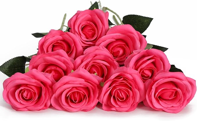 DuHouse 10pcs Fake Roses Artificial Silk Flowers Faux Rose Flower Long Stems Bouquet for Arrangement Wedding Centerpiece Party Home Kitchen Decor(Hot Pink)