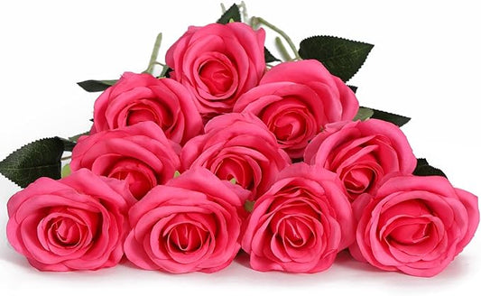 DuHouse 10pcs Fake Roses Artificial Silk Flowers Faux Rose Flower Long Stems Bouquet for Arrangement Wedding Centerpiece Party Home Kitchen Decor(Hot Pink)
