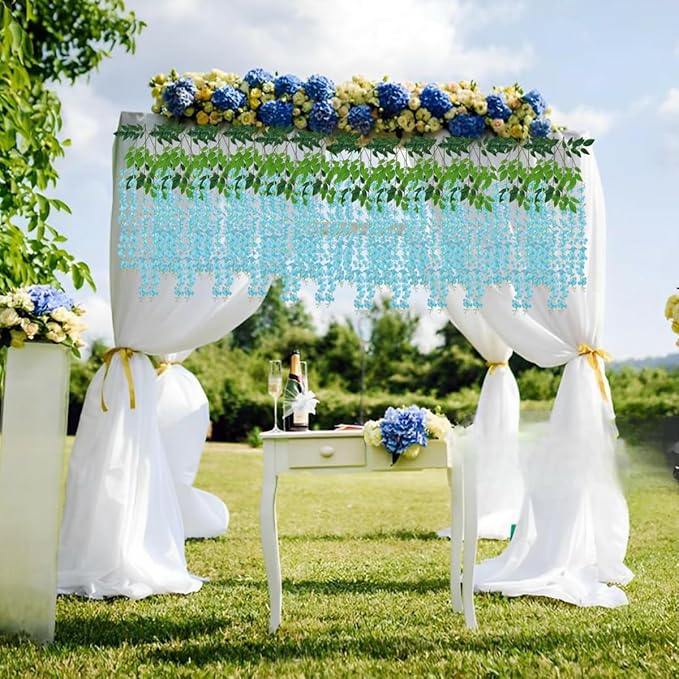 Artificial Flowers Hanging Flowers, Fake Wisteria Flower Garland Silk Vines Rattan String Decor for Home Wedding Arch Wall Garden Greenery Bedroom Outdoor Office Party Decoration (36, Blue)