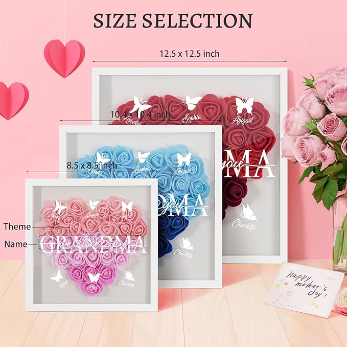 Mom We Love You - Personalized Flower Shadow Box with Names, Christmas Mothers Day Flower Box Gifts for Mom (Style 2-Grandma with Names)
