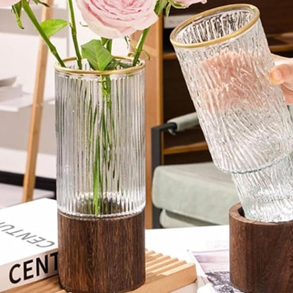 Wooden Vase, Glass Vase with Wooden Base Cylindrical Flower Vase, Classic Boho Rustic Style for Fireplace Bedroom Kitchen Living Room Centerpieces Office Desk, 10" H (Vertical Grain)