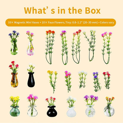 10-Pack Magnetic Mini Glass Vases Set with 30+ Flowers – Slam-Proof Strong Magnet for Fridge, Locker & Office Decor – Crystal Clear Bud Holders for Propagation for Women