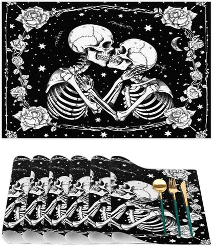 Halloween Skull Goth Flower Placemats Set of 6 PVC Vinyl Non Slip Table Mats Heat Resistant Place Mats Washable Wipeable Dining Table Mat for Kitchen Decor Party Indoor Outdoor Decorative Gift