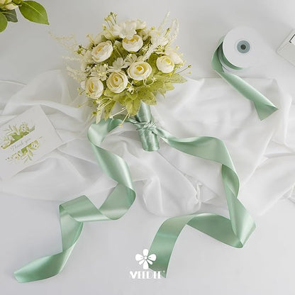 MEEDEE Sage Satin Ribbon 2 Inch Light Green Ribbon Double Faced Satin Ribbons by 25 Yards Silk Luxurious Green Ribbons for Crafts, Cake Decoration, Weddings, Flower Bouquet