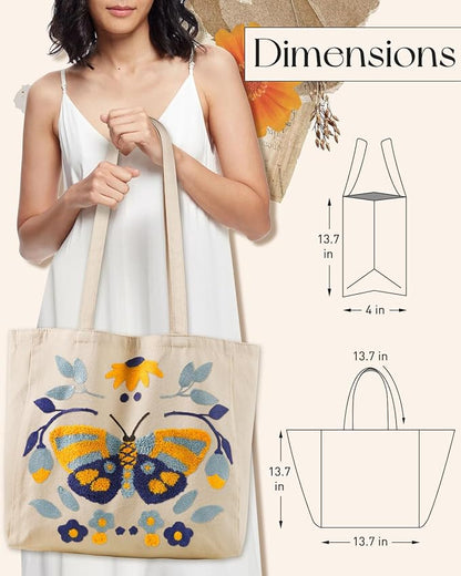 Aesthetic Embroidery Tote Bag for Women - Reusable Canvas Cute Shoulder Bag for Shopping, Grocery, Work, Book