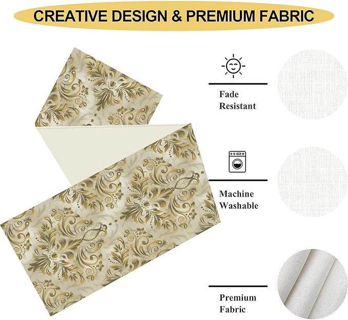 Damask Table Runner, Vintage Traditional Farmhouse Boho Floral Linen Coffee Table Center Decor for Family Kitchen Farmhouse Holiday Party Table Decorations Indoor Outdoor 13x90 inch