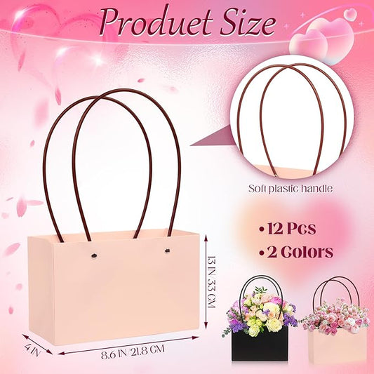 ZSDRTYU Kraft Paper Flower Gift Bags, 12 Pack Floral Gift Bags Wedding Floral Paper Flower Packing bag, Bouquet Bag Box With Handle Waterproof Flower Boxes For Wedding Birthday, Black, Pink