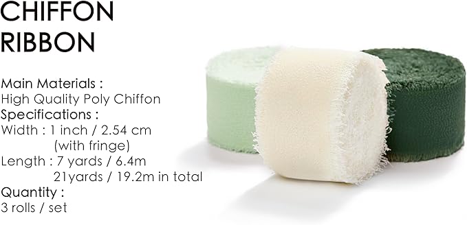 Vitalizart Cream & Green Chiffon Silk Ribbon 1" x 21 Yd Fringe Fabric Package (3 Rolls * 7 Yd) for Wedding Invitations Bridal Bouquets Decorations Gifts Wrapping & Bow Making