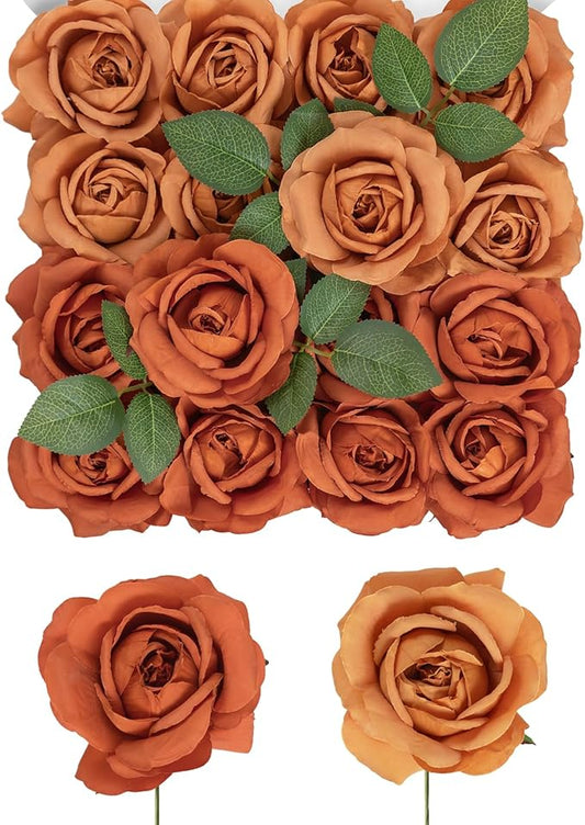 TINGE TIME Terracotta Artificial Flowers Combo Box Set, 16PCS Fake Rose Silk Flower w/Stem for DIY Wedding Bouquets Centerpieces Baby Shower Party Home Spring Decoration (Light & Deep Terracotta)