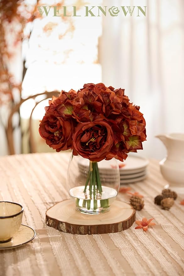 Burnt Orange Silk Peonies Artificial Flowers & Hydrangea in Glass Vase with Fake Water, Fake Austin Rose Bouquet with Vase for Fall Home Hotel Office Wedding Party Decor as Table Centerpieces & Gift