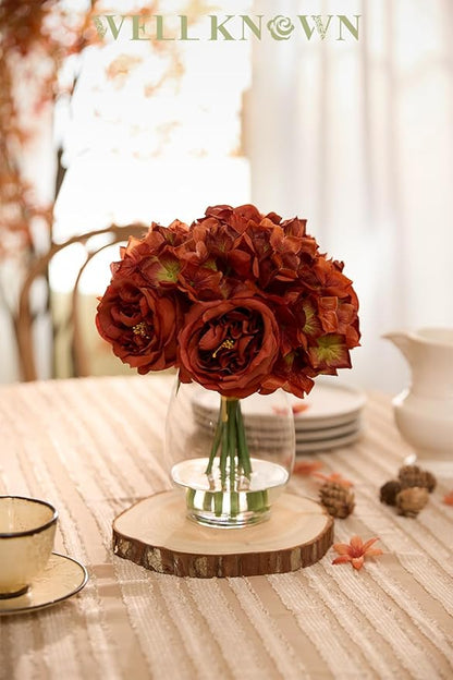 Burnt Orange Silk Peonies Artificial Flowers & Hydrangea in Glass Vase with Fake Water, Fake Austin Rose Bouquet with Vase for Fall Home Hotel Office Wedding Party Decor as Table Centerpieces & Gift