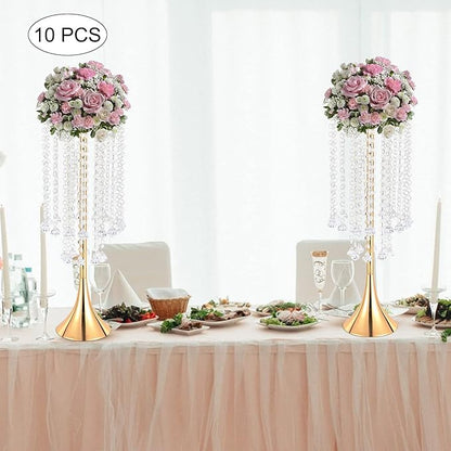 Crystal Chain Flower Vases, 10 Pcs Acrylic Vase Stands with Hand Strung Beads Top Flower Plate Enlarged Trumpet-Shaped Base and Easy Assemble Tabletop Wedding Crystal Flower Stands for Home Decoration