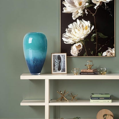 11" Tall Teal Glass Vase for Flowers, Hand Blown Gradient Decorative Vase for Home Decor, Centerpiece, Dining Table, Shelf, Mantel, Bathroom, Entryway, Countertop, Gift for Friends