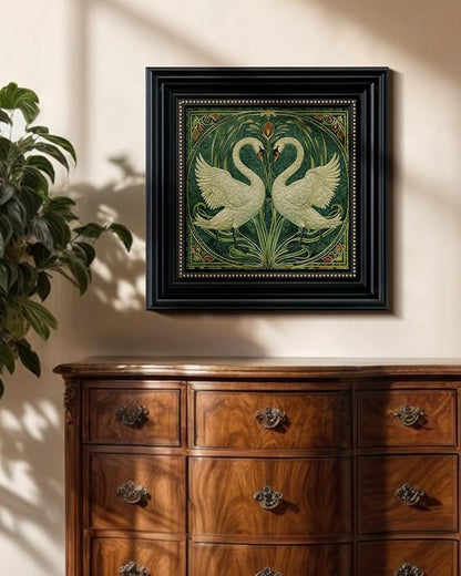 Vintage 3D Textured Romantic Swan Couple Wall Art 16x16, Victorian Framed Swan Art Painting Sandstone Surface, Classic Black Frame with Gold Dots, Art Nouveau Animal Print Shop Home Decor