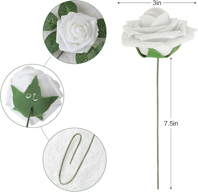 AmyHomie Artificial Flower White Rose 25pcs Real Looking Fake Roses w/Stem for DIY Wedding Bouquets Centerpieces Arrangements Party Baby Shower Valentines Day Christmas Tree Decorations