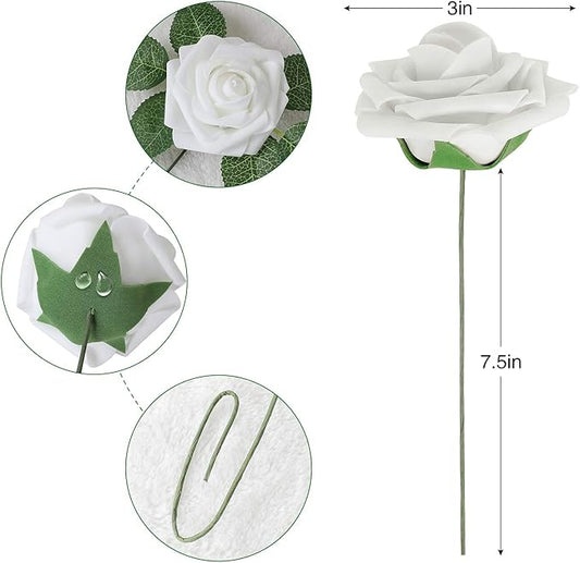 AmyHomie Artificial Flower White Rose 25pcs Real Looking Fake Roses w/Stem for DIY Wedding Bouquets Centerpieces Arrangements Party Baby Shower Valentines Day Christmas Tree Decorations