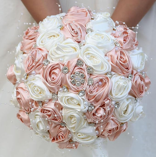 Bridal Wedding Bouquet Round Bling Brooch Bouquet Throw Toss Artificial Rose Flower Bunch for Bride Bridesmaid Wedding Quinceanera(Peach Pink & Ivory, 9.8")