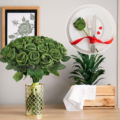 30pcs Fake Roses Artificial Silk Flowers Long Stems Bouquet for Wedding Bridal Shower Party Home Decoration (Green)