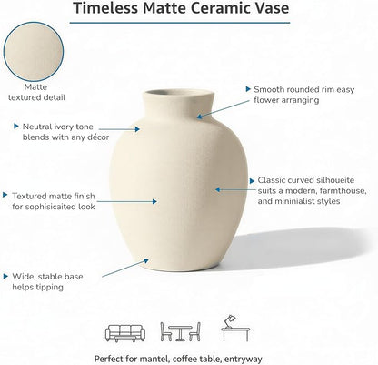 6-Inch Off-White Ceramic Flower Vase, Rustic Farmhouse Boho Pottery Centerpiece for Home Decor, Table, Living Room & Mantel