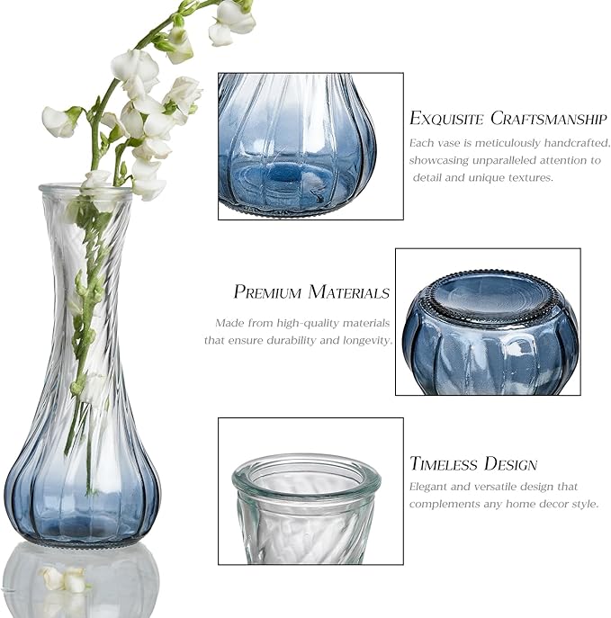 Glass Bud Vase Set of 30 - Small Vases for Flowers in Bulk - Assorted Vintage Crystal Vases for Flowers, Table Centerpieces (Blue, 30 Pcs)