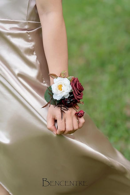 Burgundy Corsage for Wedding(Set of 6),Wrist Corsage,Corsage for Prom,Party Prom Hand Flower Decor,Bridesmaid Wrist Corsage,Vintage Wedding,Gothic Wedding,Artificial Flowers