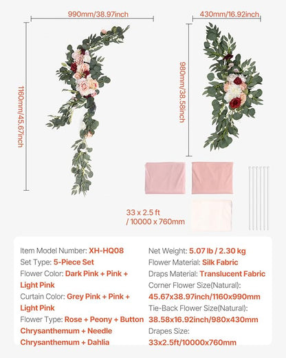 VEVOR Artificial Wedding Arch Flowers Kit, Pink Wedding Arch Flowers with Drapes Kit (Pack of 5) - 2 Pcs Floral Arrangement, 3 Pcs Sheer Drapes, for Ceremony Bouquets Reception Backdrop Decoration