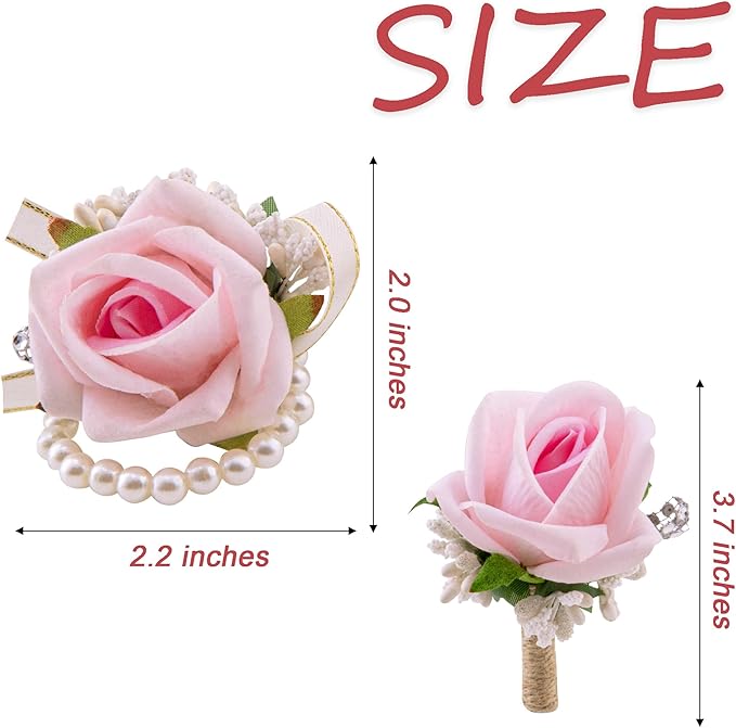 SITUMEIZI 2Pcs Pink Corsage and Boutonniere Set Corsage Wristlet for Prom Decor Boutonniere for Men Wedding Flowers Accessories Party Suit Decoration(Light Pink)