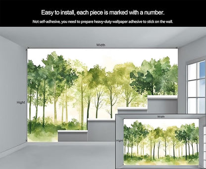 Watercolor Forest Wall Mural, Minimalist Forest Scene 3D Wall Murals, Nordic Nature Wallpaper Mural, for Living Room Bedroom Large Wallpaper Indoor Decor 59" W x39.4 H
